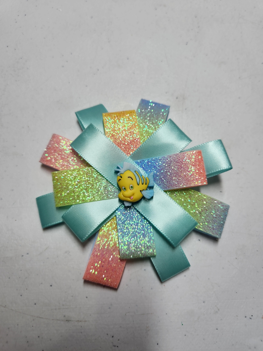 Flounder Hair Bow Clip - Aqua and Pastel Glitter